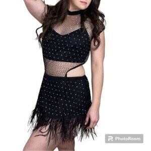 Weissman Elite Rhinestone Mesh Feather Dress Dance Costume in Black NEW Adult XL